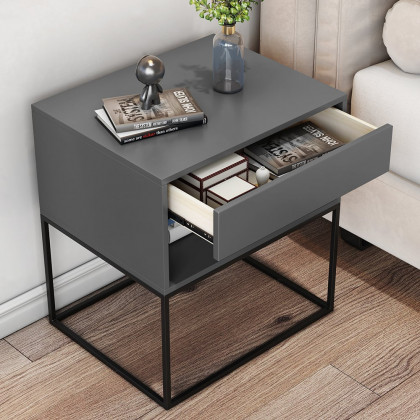 HMR Modern Nightstand with Drawer Bedside Table Metal Base - Gray