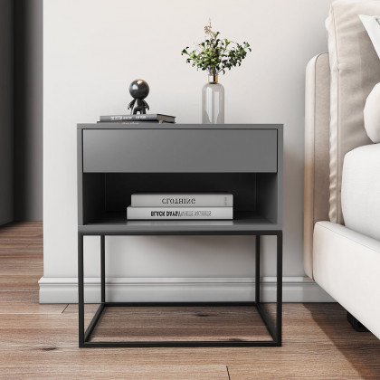 HMR Modern Nightstand with Drawer Bedside Table Metal Base - Gray