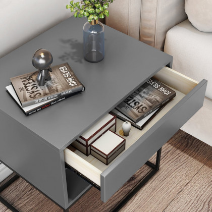 HMR Modern Nightstand with Drawer Bedside Table Metal Base - Gray