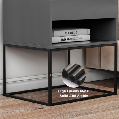 HMR Modern Nightstand with Drawer Bedside Table Metal Base - Gray