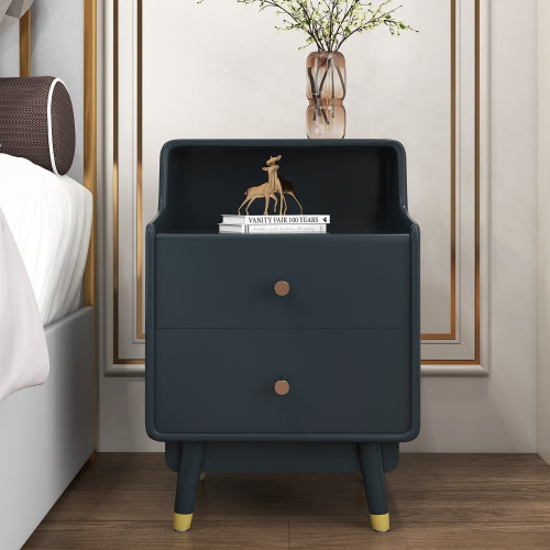 HMR - Lacquered 2-Drawer Nightstand with Shelf in Blue