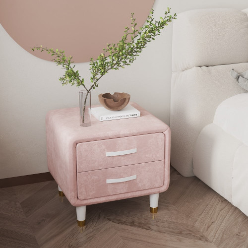 HMR Modern Nightstand with 2 Drawers - Pink, Velvet