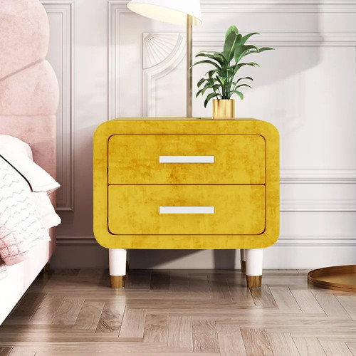 HMR Modern Nightstand with 2 Drawers - Yellow, Velvet