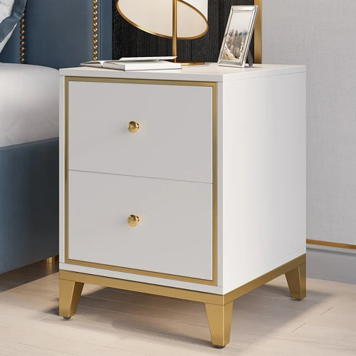 HMR - 2-Drawer Nightstand with Gold Legs in White