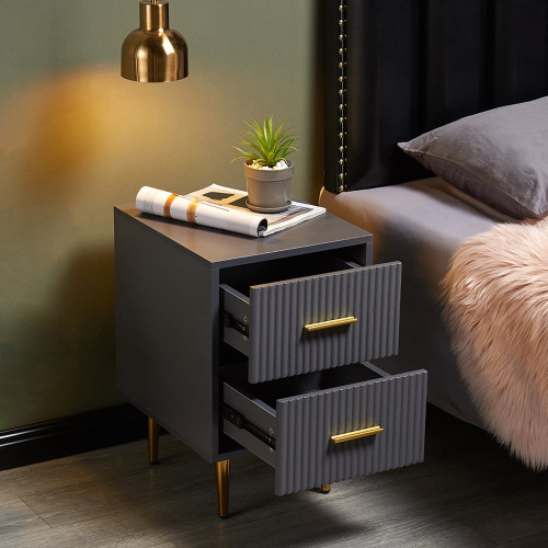 HMR Modern Rectangular Nightstand with 2 Drawers - Gray/Gold