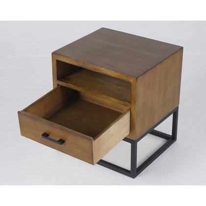 HMR - Industrial Pine Wood Nightstand with 1 Drawer in Walnut