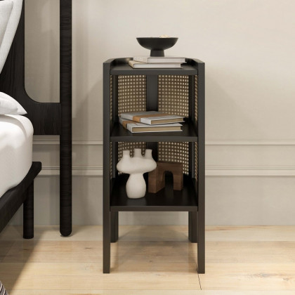 HMR Semi-Circle Nightstand with Open Shelves - Black, Wood/Rattan