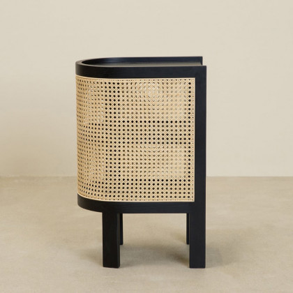 HMR Semi-Circle Nightstand with Open Shelves - Black, Wood/Rattan