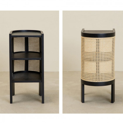 HMR Semi-Circle Nightstand with Open Shelves - Black, Wood/Rattan