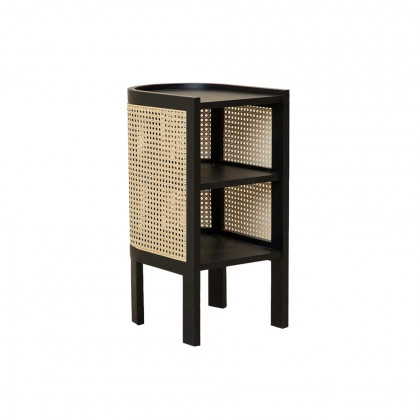 HMR Semi-Circle Nightstand with Open Shelves - Black, Wood/Rattan