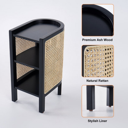 HMR Semi-Circle Nightstand with Open Shelves - Black, Wood/Rattan