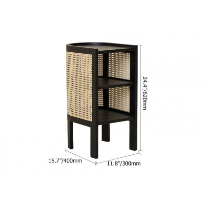 HMR Semi-Circle Nightstand with Open Shelves - Black, Wood/Rattan
