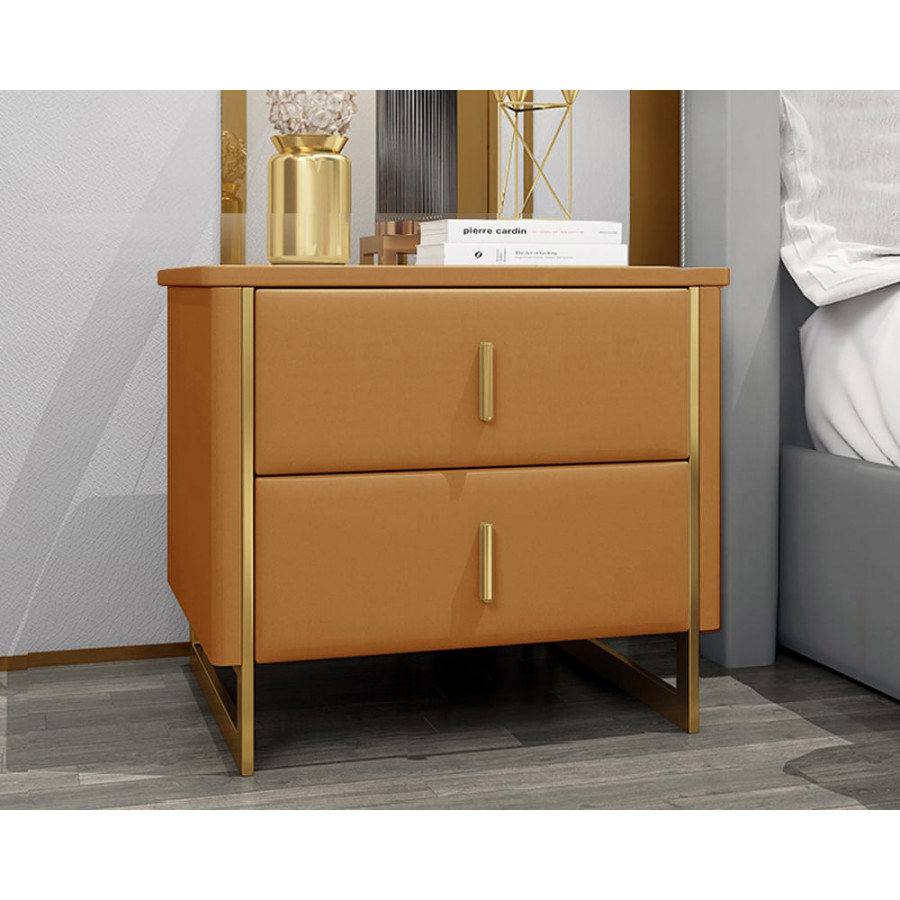 HMR Modern Nightstand with 2-Drawer - Orange/Gold, Faux Leather