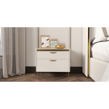 HMR - Modern 2-Drawer Lacquered Nightstand with Stone Top in White