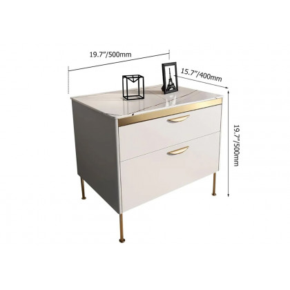 HMR - Modern 2-Drawer Lacquered Nightstand with Stone Top in White