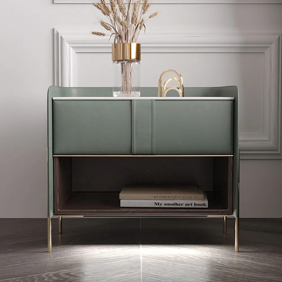 HMR Modern Nightstand with Charger & Light - Green, Sintered Stone