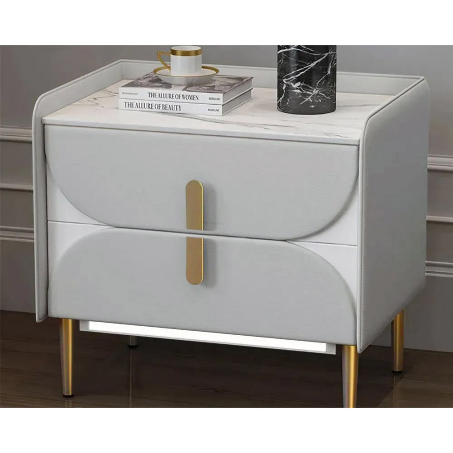 HMR - Microfiber Leather Upholstered Nightstand with Sintered Stone Top and LED Light in Gray