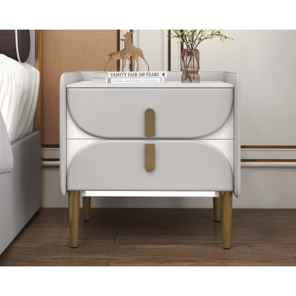 HMR - Microfiber Leather Upholstered Nightstand with Sintered Stone Top and LED Light in Gray