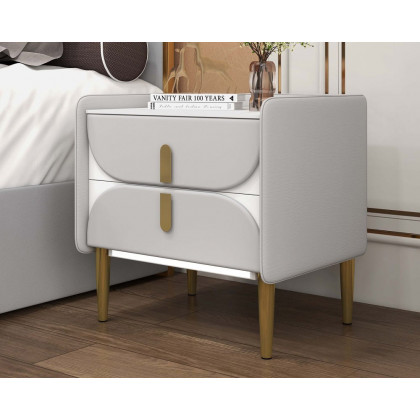 HMR - Microfiber Leather Upholstered Nightstand with Sintered Stone Top and LED Light in Gray
