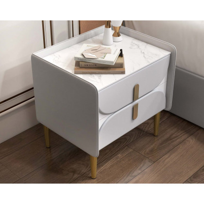 HMR - Microfiber Leather Upholstered Nightstand with Sintered Stone Top and LED Light in Gray