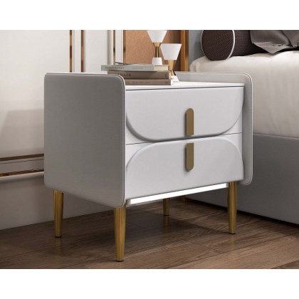 HMR - Microfiber Leather Upholstered Nightstand with Sintered Stone Top and LED Light in Gray