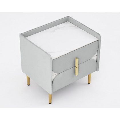 HMR - Microfiber Leather Upholstered Nightstand with Sintered Stone Top and LED Light in Gray