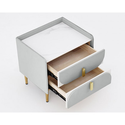 HMR - Microfiber Leather Upholstered Nightstand with Sintered Stone Top and LED Light in Gray
