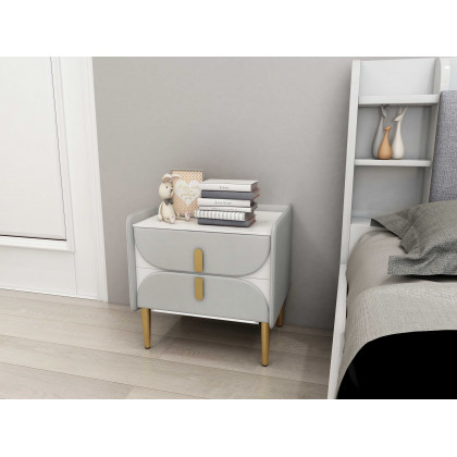 HMR - Microfiber Leather Upholstered Nightstand with Sintered Stone Top and LED Light in Gray