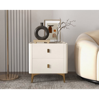 HMR - 2-Drawer Nightstand with Sintered Stone Top in Off-White