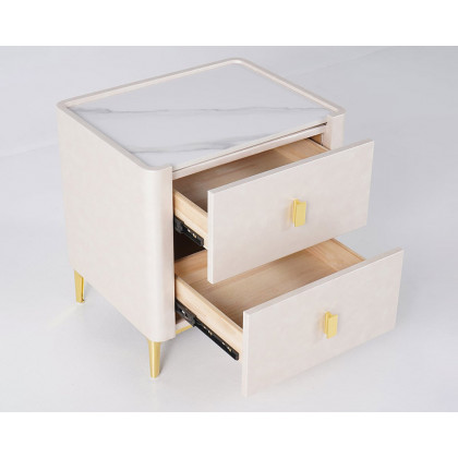 HMR - 2-Drawer Nightstand with Sintered Stone Top in Off-White