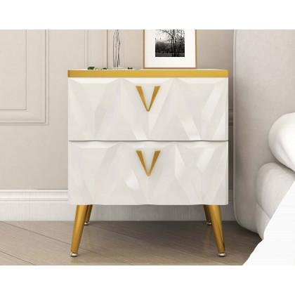 HMR Nordic 2-Drawer Nightstand with V-Shaped Gold Pulls - White, Small