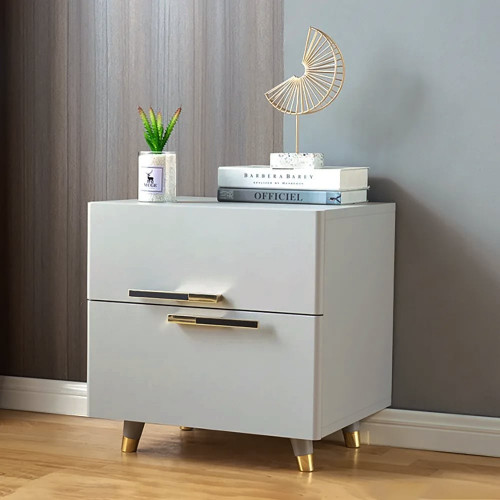HMR - 2-Drawer Nightstand with Gold Pulls in Grayish White