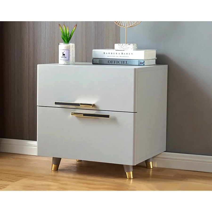 HMR - 2-Drawer Nightstand with Gold Pulls in Grayish White