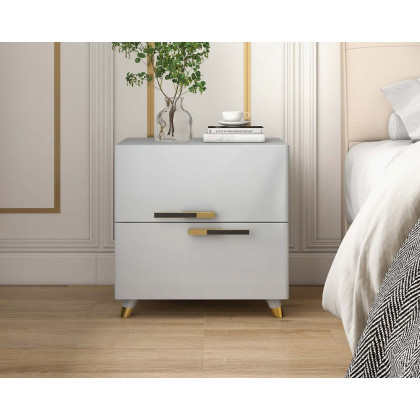 HMR - 2-Drawer Nightstand with Gold Pulls in Grayish White