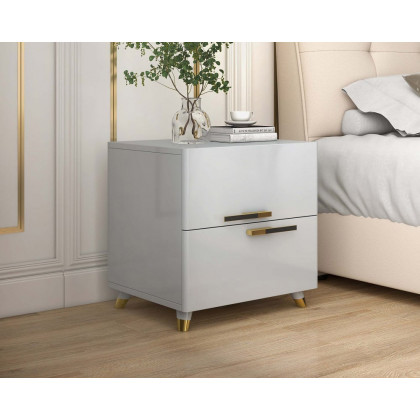 HMR - 2-Drawer Nightstand with Gold Pulls in Grayish White