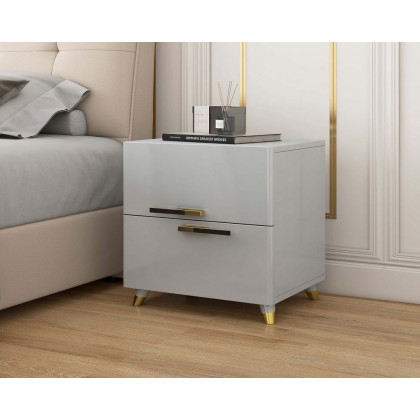 HMR - 2-Drawer Nightstand with Gold Pulls in Grayish White