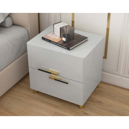HMR - 2-Drawer Nightstand with Gold Pulls in Grayish White