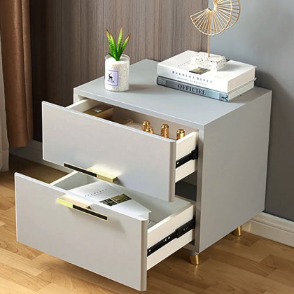 HMR - 2-Drawer Nightstand with Gold Pulls in Grayish White