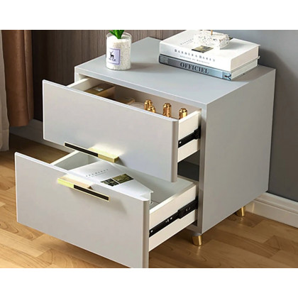 HMR - 2-Drawer Nightstand with Gold Pulls in Grayish White