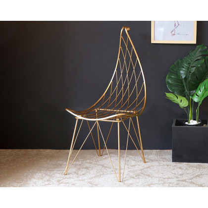 HMR - Modern Metal Dining Chair Hollow with PU Leather Cushion in Gold