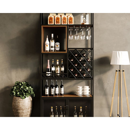 HMR Industrial Bar Wine Rack Cabinet with Glass Holder - Black, Style B