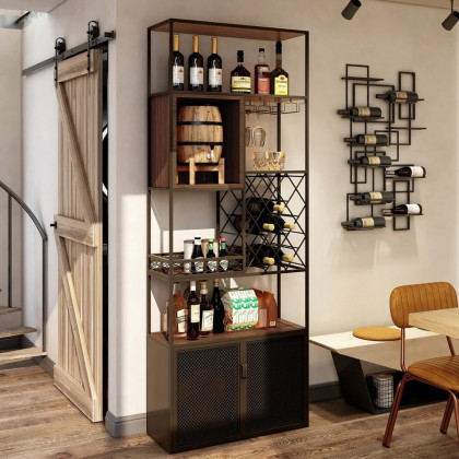 HMR Industrial Bar Wine Rack Cabinet with Glass Holder - Black, Style B