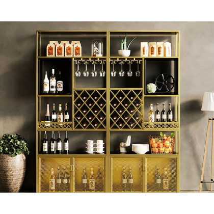 HMR Industrial Bar Wine Rack Cabinet with Glass Holder - Gold, Style B