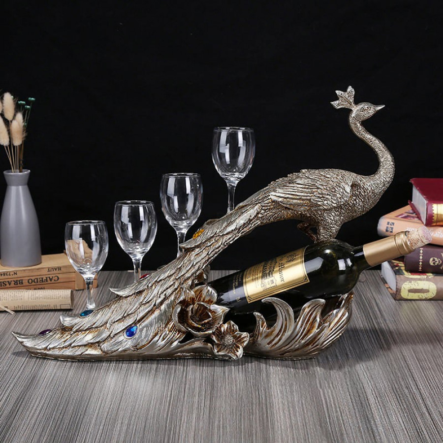 HMR - Modern Peacock Wine Glass Rack Tabletop Wine Bottle Holder in Antique Silver