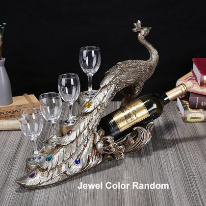 HMR - Modern Peacock Wine Glass Rack Tabletop Wine Bottle Holder in Antique Silver