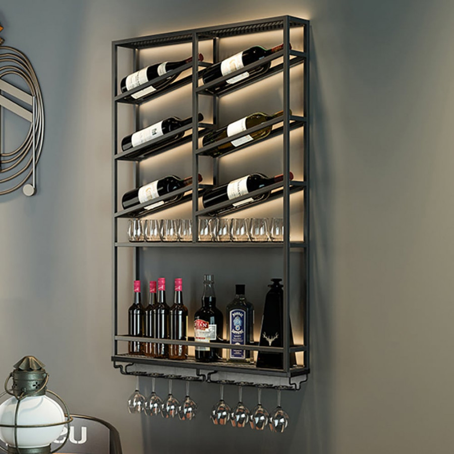HMR Industrial Wall Mounted Wine Rack with Bottle Rack - Black