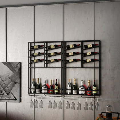HMR Industrial Wall Mounted Wine Rack with Bottle Rack - Black