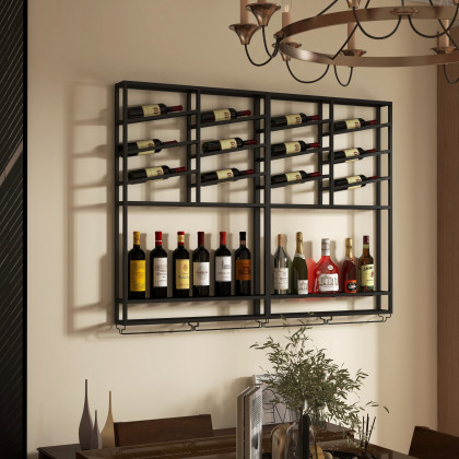 HMR Industrial Wall Mounted Wine Rack with Bottle Rack - Black