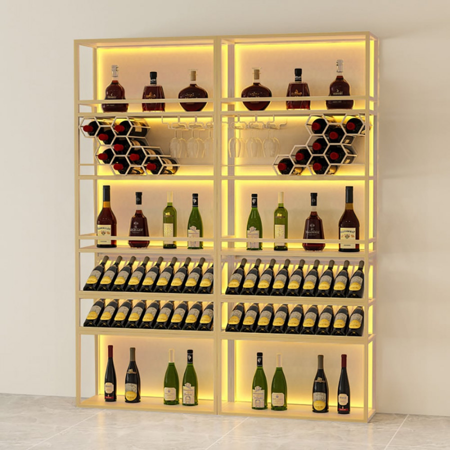 HMR - Contemporary Standing Honeycomb Wine Rack with Glass Rack in Gold, Style A