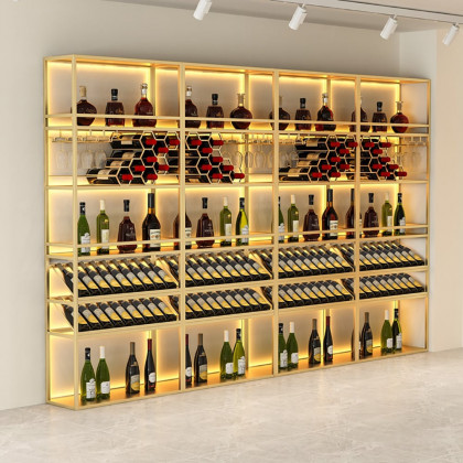 HMR - Contemporary Standing Honeycomb Wine Rack with Glass Rack in Gold, Style A